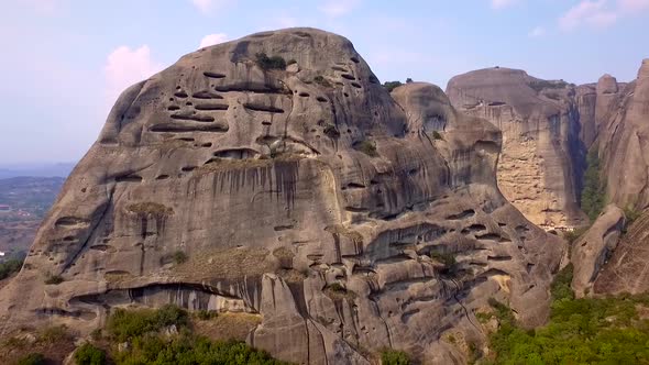 Aerial view of rocks near the Roussanou Monastery in Meteora, Greece.