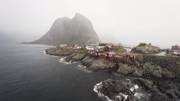 Drone Of Hamnoy Fishing Village And Coastline