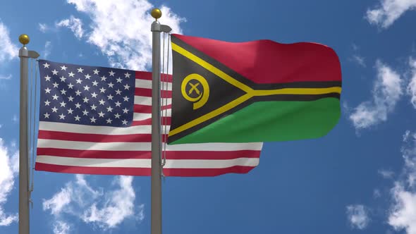 Usa Flag Vs Vanuatu Flag On Flagpole