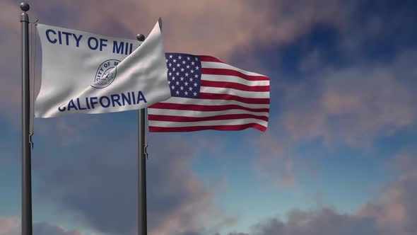 Milpitas City Flag Waving Along With The National Flag Of The USA - 2K