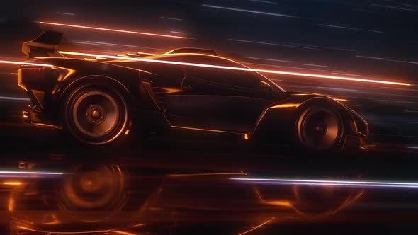 Powerful acceleration of a supercar on a night track with colorful lights and trails