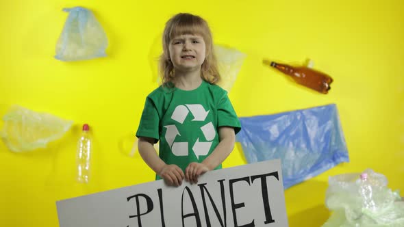 Girl Activist Hold White Poster Our Planet Needs Help. Plastic Nature Pollution