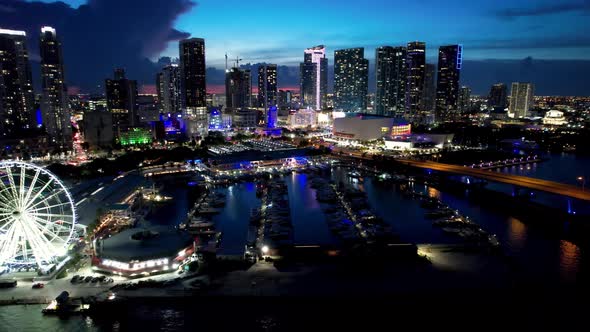 Sunset at downtown Miami Florida United States. Tourism landmark city.