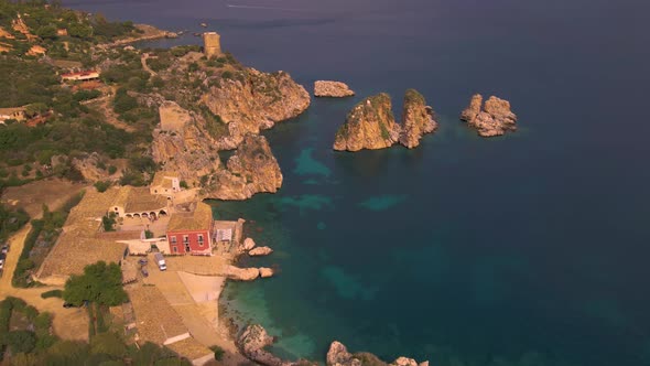 Scopello Coast Sicily Italy on a Cloudy Day Aerial View at the House and the Coast of Sicily