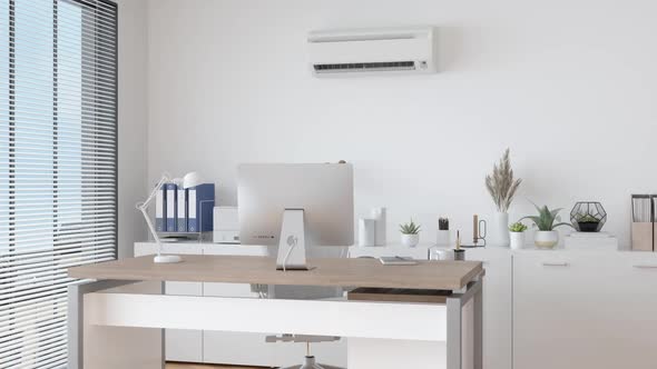 Modern Office Interior With Air Conditioner, Table, Desktop Computer And Cabinets