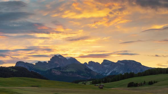 4K Time lapse of Seiser Alm at sunset, Dolomites, Italy