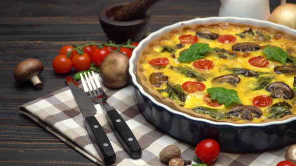 Baked Homemade Quiche Pie in Ceramic Baking Form