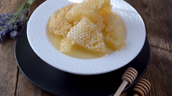 Honey and Honeycombs on a White Plate