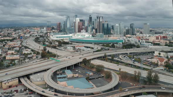 Aerial of Downtown Los Angeles on a Cloudy Summer Day,  Drone Flight Video