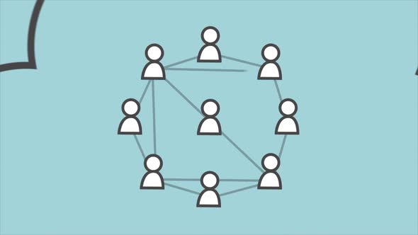 The network structure of connected users and icons related to cloud computing.