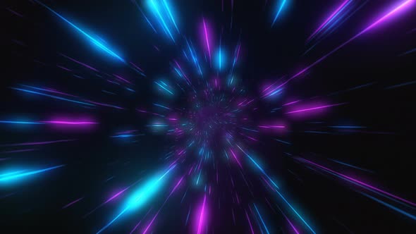 Abstract Flight in Retro Neon Hyper Warp Space in the Tunnel