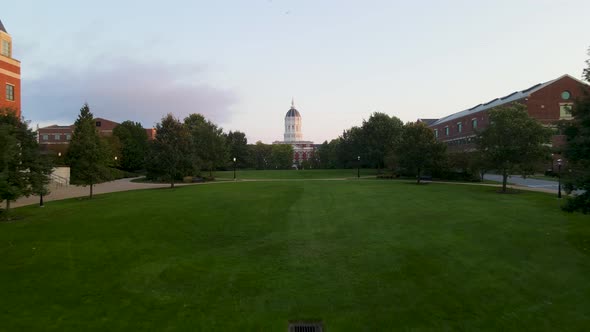 Jesse Hall Building for University of Missouri on Mizzou Campus - Aerial Approaching Drone View