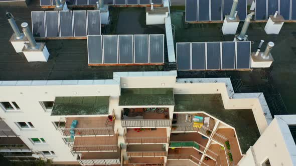 Drone Shot on Modern Multiapartment Buildings with Solar Panels on the Roofs