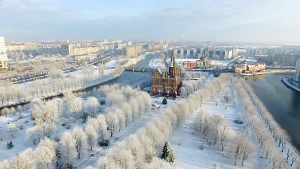 Aerial view of the Cathedral in Kaliningrad in the wintertime