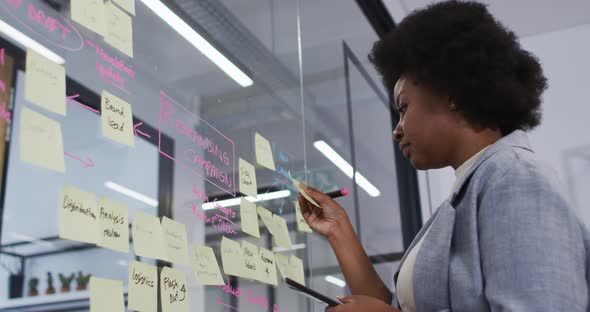 Smiling african american businesswoman brainstorming using memo notes on glass wall in office