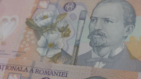 Money of Romania in a row close-up 4K 3840X2160p  UltraHD   tilting video - Romanian lei national cu