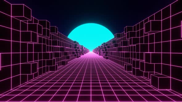 Abstract Retro Purple Neon Road with Wall of Cubes and Blue Moon alt