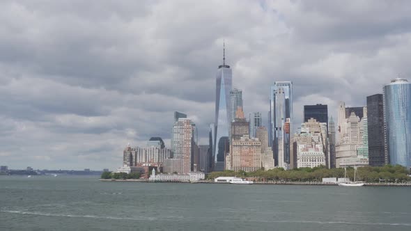 New York City Skyline - View from a ferry on, from Hudson River. Daylight
