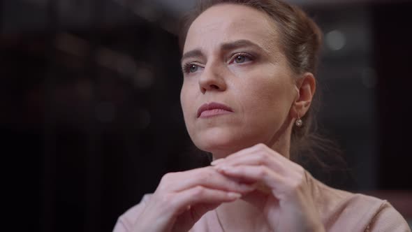 Worried Anxious Caucasian Woman Looking Away Turning Looking at Camera