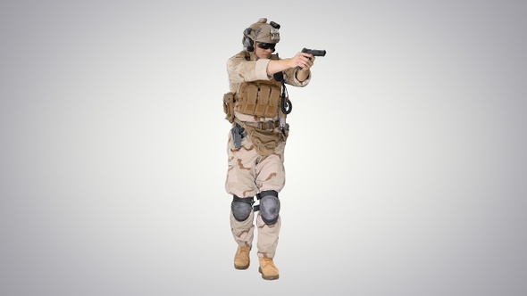 Soldier walking and aiming with a pistol on gradient background.