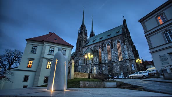 Brno after dark. Time-lapse lighting of monument of Brno