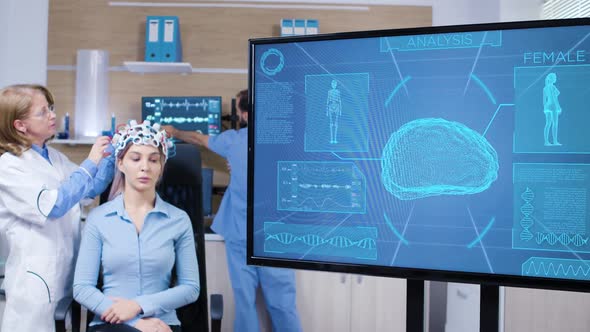 Tv Screen with Brain Activity From Female Wearing Brain Scanner