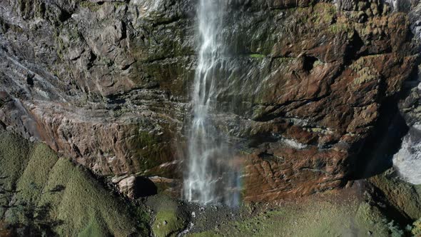 Aerial View of a Waterfall and Rainbow in the Village of Lauterbrunnen. Switzerland in the Fall