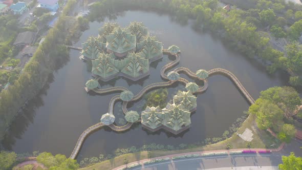 Aerial top view of The Ancient Siam City, the museum park with lake, in Samut Prakan