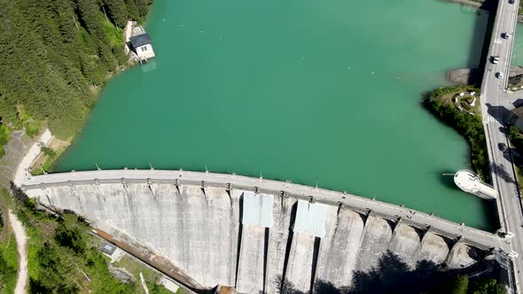 Alpin Lake and Dam in Summertime View From Drone Auronzo Italian Dolomites