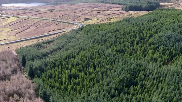 Aerial View of Peat Bog and Forest Next to Lough Aroshin By Killybegs County Donegal  Ireland