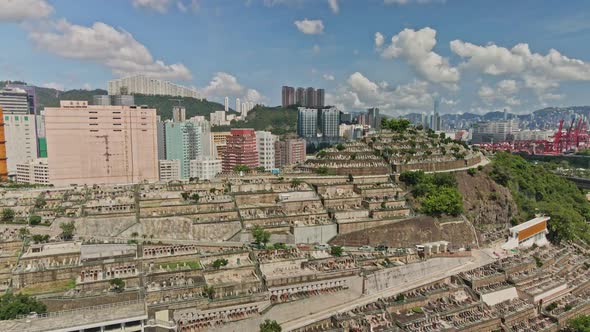 Low Angle Drone Aerial View of Tsuen Wan Chinese Cemetery in Hong Kong