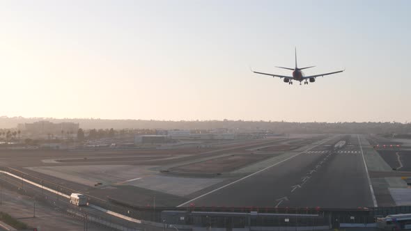 Plane on Airport Runway Airplane Landing to Airstrip