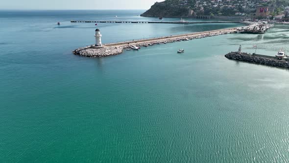 Lighthouse in the port aerial view Turkey Alanya 4 K