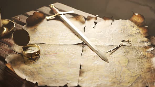 Old, worn, handmade treasure map on a cartoon tavern table. Sword and compass.4K