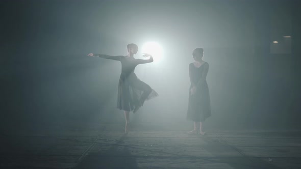 Ballet Dancers Shows Classic Ballet Pas in Spotlight on Black Background in Studio. Two Graceful