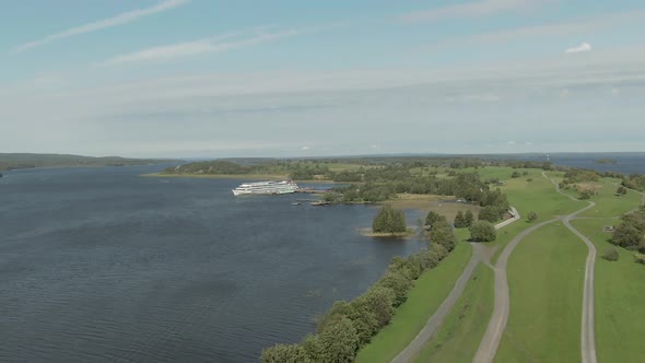 a Cinematic Shot From the Air Around the Wooden Walkway of Kizhi