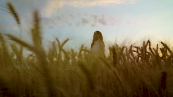 Happy Young Red Haired Woman Running on Wheat Field at Sunset