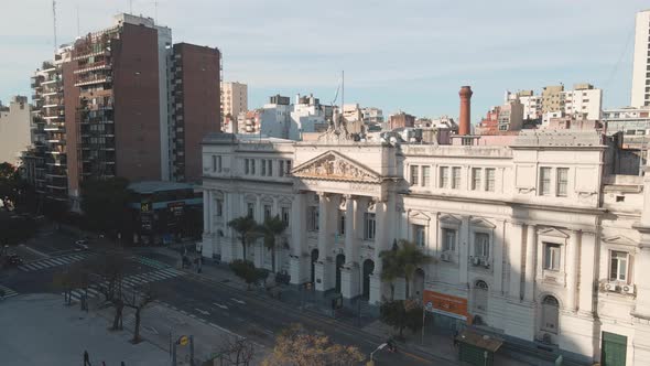 Aerial pan left of Faculty of Economic Sciences, part of the public renowned University of Buenos Ai