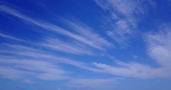 Wide angle drone copy space shot of a white sandy paradise beach and blue ocean background in best q