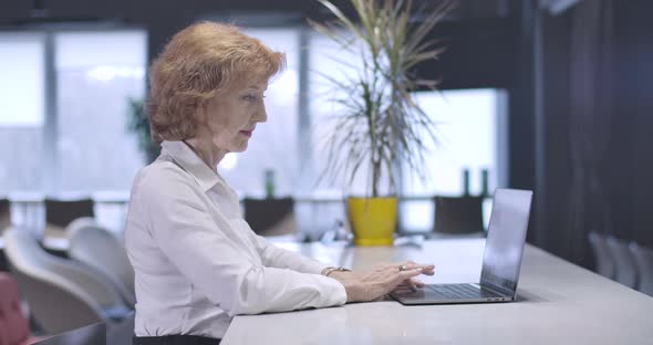 Side View of Middle Aged Caucasian Woman Typing on Laptop Keyboard. Portrait of Confident Successful