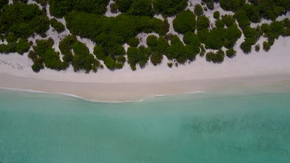 Drone nature of bay beach by blue lagoon with sand background