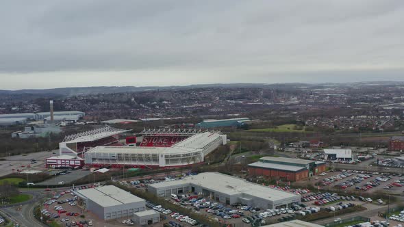 Aerial view of the BET365 stadium the surrounding industrial park and the city of Stoke on Trent, ho