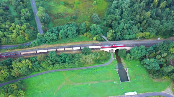 Aerial view of a train crossing a bridge, Marbach, Germany. alt