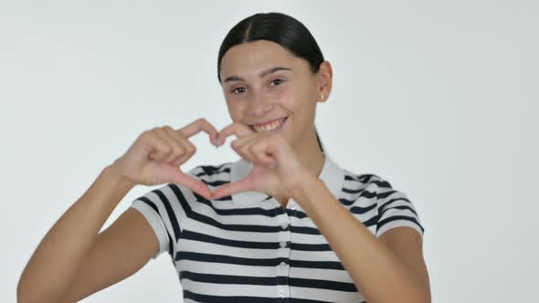 Latin Woman Heart Sign By Hand, White Background 