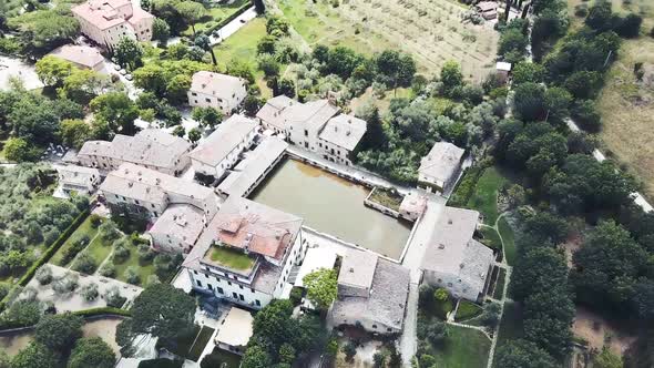 Circular Aerial View of Bagno Vignoni Medieval Town of Tuscany