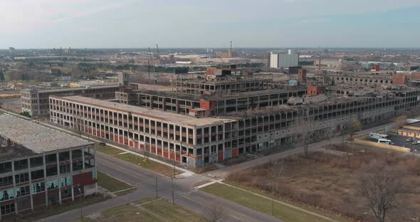 Aerial view of the dilapidated Packard Automotive Plant in Detroit, Michigan.This video was filmed i