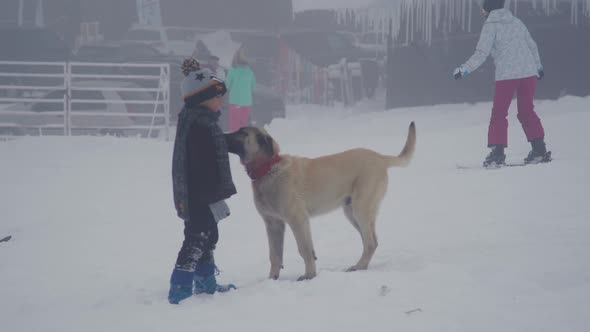 Kids loving their dog on winter day.