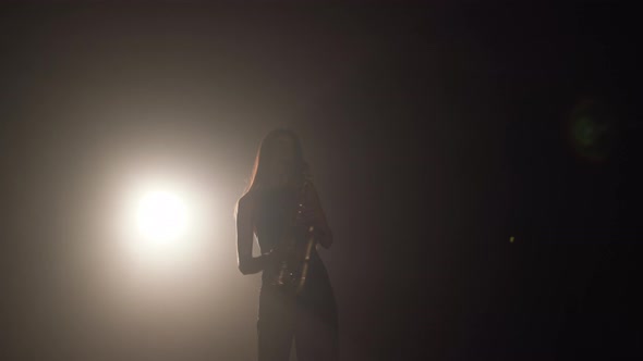 Young Beautiful Girl in a Dark Dress Plays on a Golden Shiny Saxophone on Stage