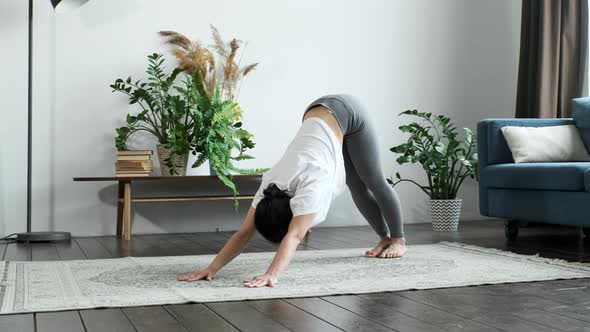 Young Athletic Indian Asian Brunette Woman Doing Yoga Exercise, Dog and Cobra Pose