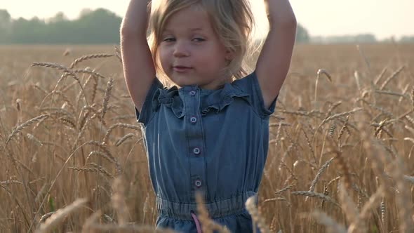 portrait of a little cheerful girl in a wheat field at sunset